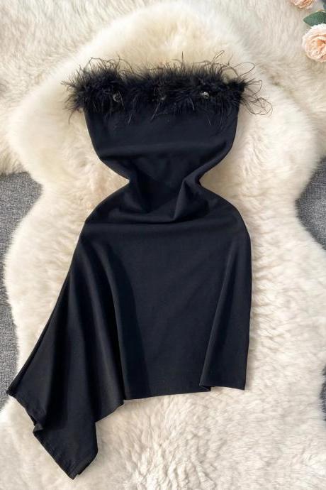 Elegant Black Satin Hooded Cape With Feather Trim