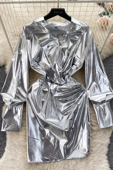Metallic Silver Puff Sleeve Cocktail Mini Dress