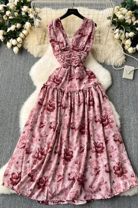 Floral Print V-neck Ruched Waist Midi Summer Dress