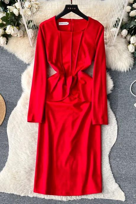 Elegant Long Sleeve Red Knot-front Midi Dress