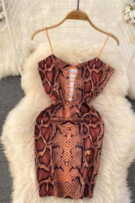 Elegant Snake Print Bodycon Mini Dress With Ruffles