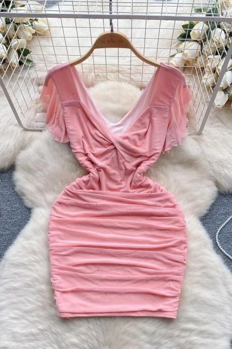 Elegant Pink Ruched V-neck Cocktail Mini Dress