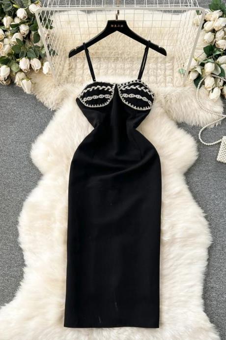Elegant Black Satin Cocktail Dress With Beaded Bustier