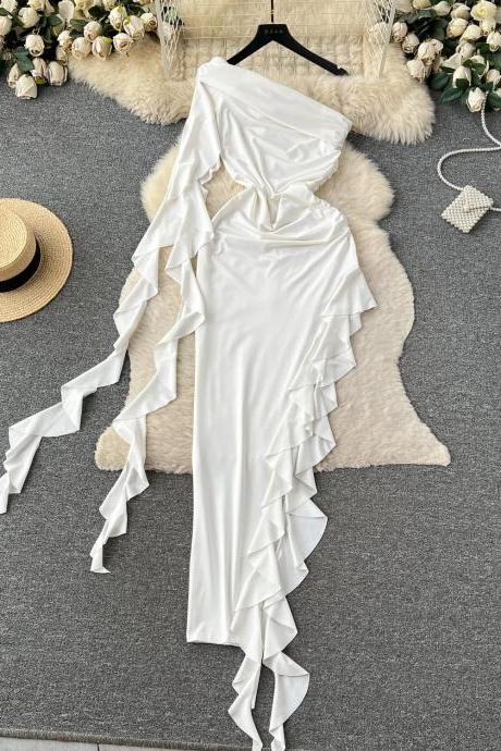 Elegant White Ruffle Sleeveless Asymmetrical Wedding Dress