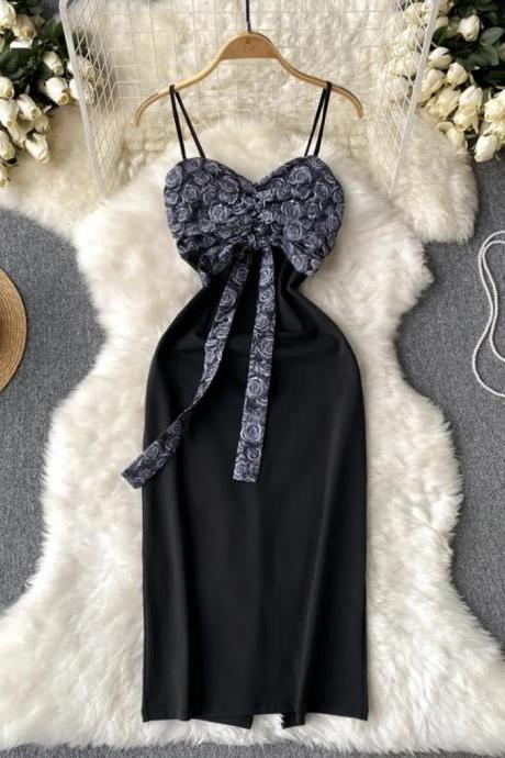 Elegant Black Satin Floral Lace Bow Midi Dress