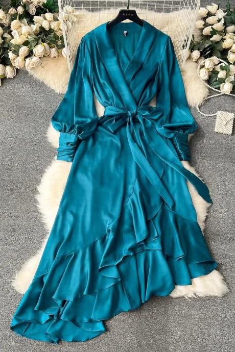 Elegant Teal Satin Wrap Dress With Ruffle Detailing