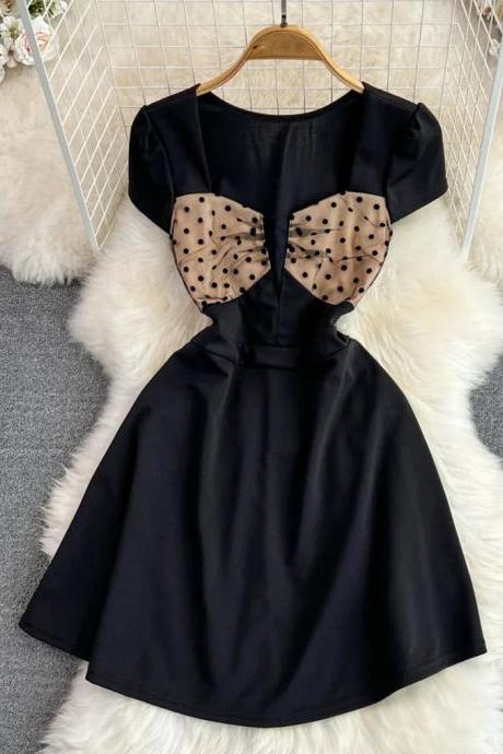 Elegant Black A-line Dress With Polka Dot Bow