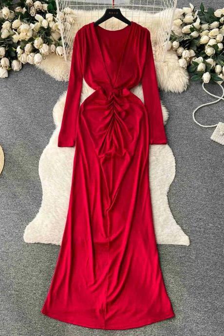 Elegant Red Velvet Long Sleeve Evening Gown