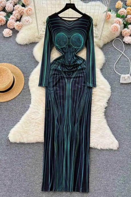 Elegant Optical Illusion Long Sleeve Maxi Dress
