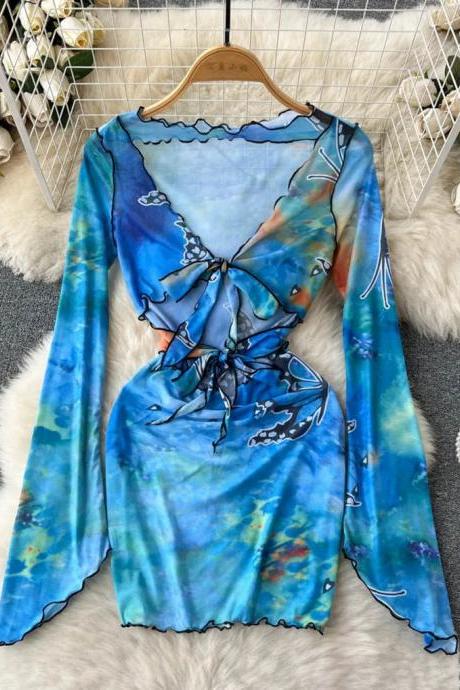 Womens Tie-front Long Sleeve Satin Dress With Print