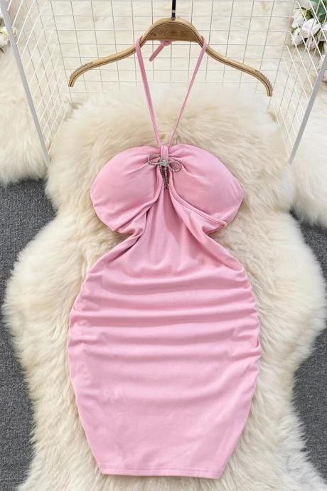 Womens Pink Halter Neck Mini Dress With Bow Detail
