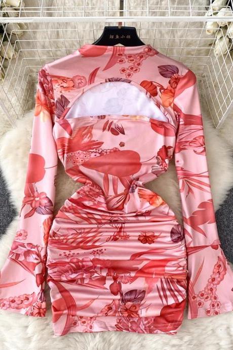 Womens Floral Print Long Sleeve Bodycon Dress Pink