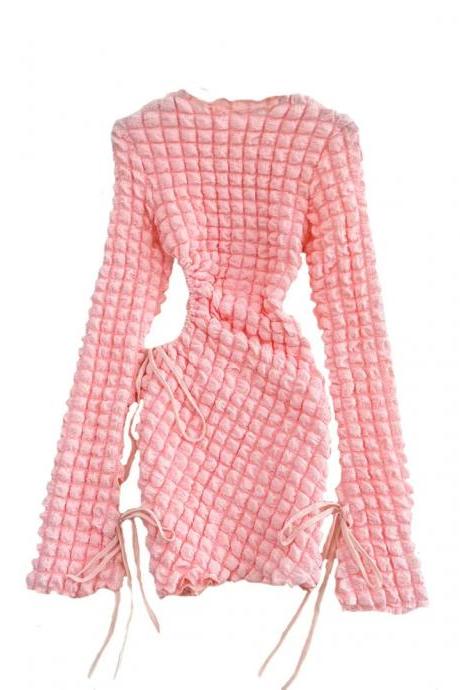 Womens Pink Ruched Long Sleeve Drawstring Mini Dress