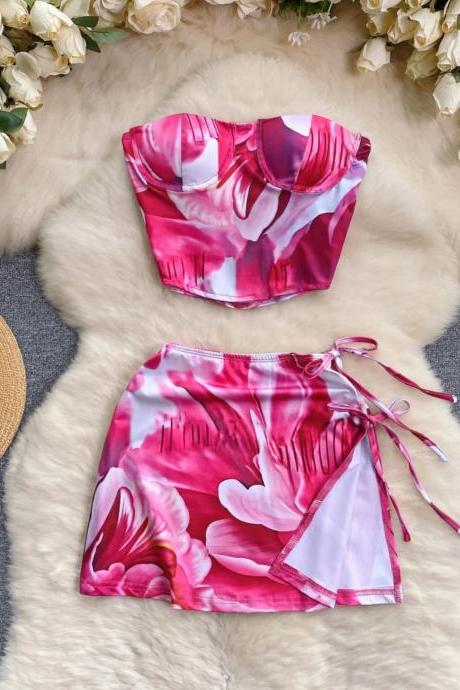 Womens Floral Bandeau Top And Skirted Swim Set