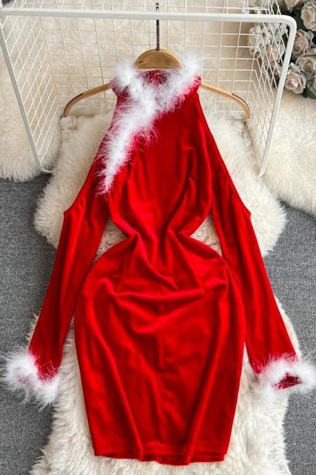 Womens Red Velvet Dress With White Faux Fur Trim