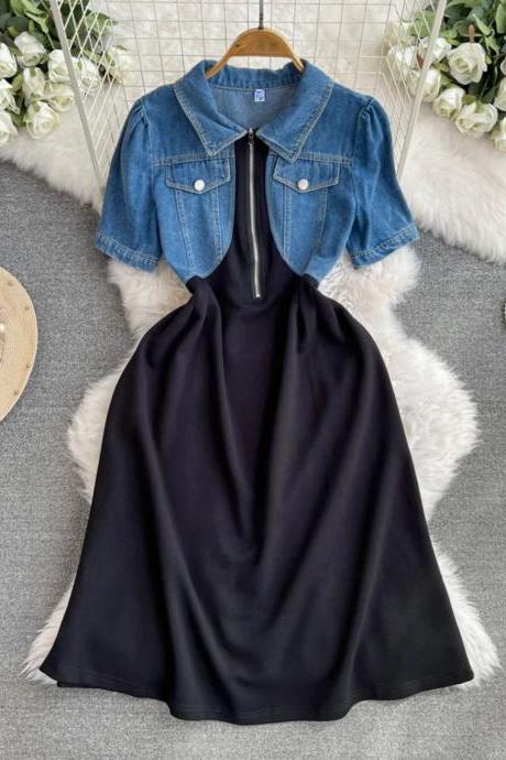 Womens Short-sleeve Denim Jacket And Black Dress Combo