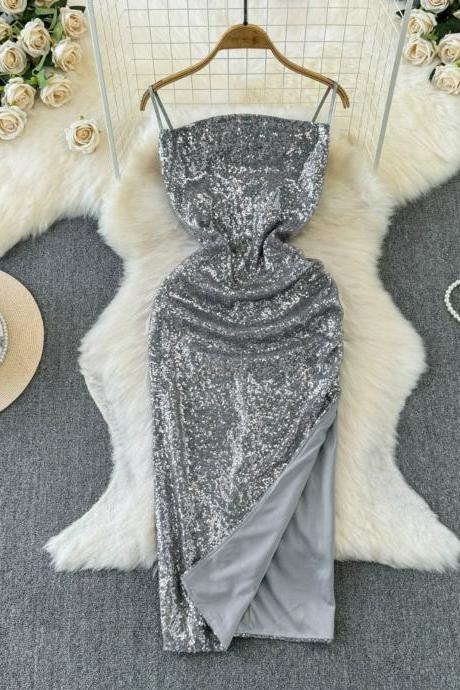 Elegant Silver Sequin Evening Gown With Cowl Neck