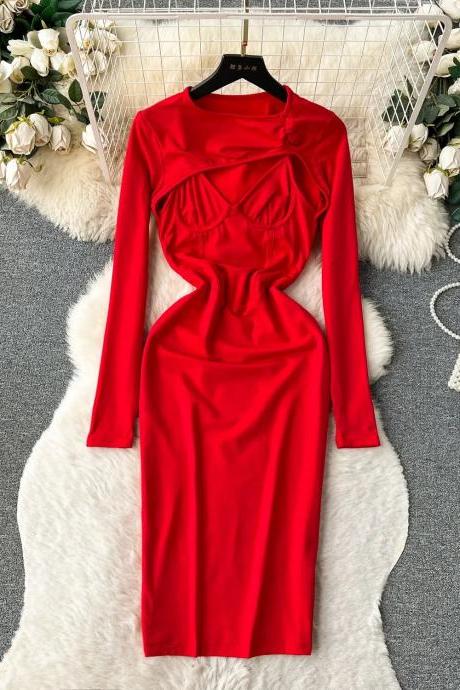 Elegant Long Sleeve Red Satin Cocktail Dress