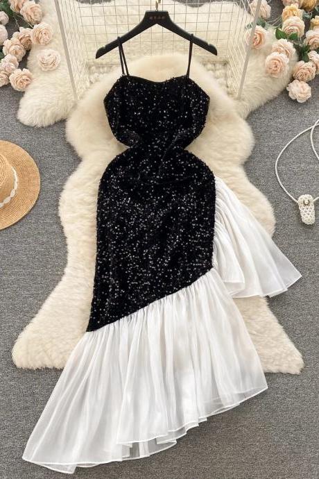 Elegant Strapless Sequin Bodice White Flared Skirt Dress