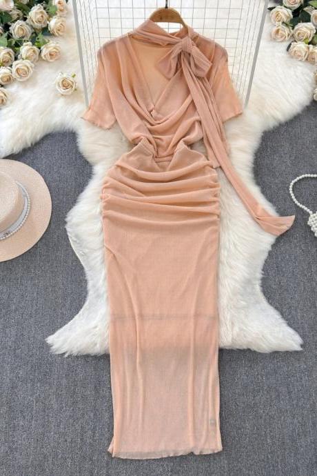 Elegant Blush Pink Satin Wrap Maxi Dress Formal