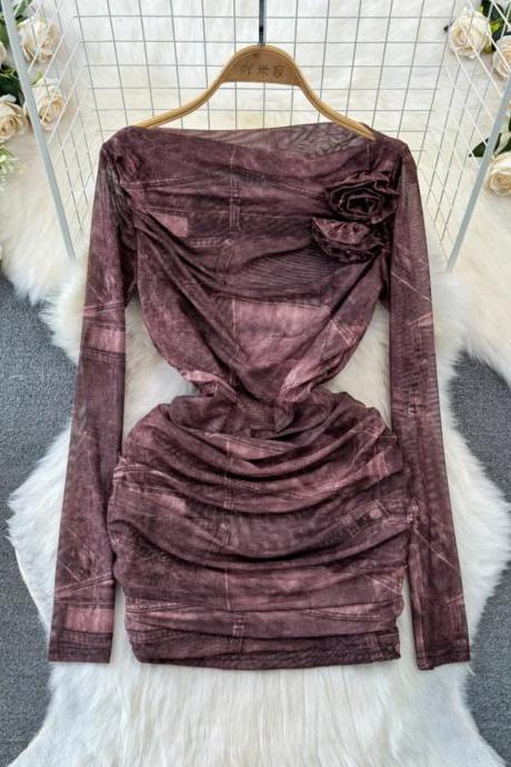 Elegant Velvet Long-sleeve Top With Side Rose Detail