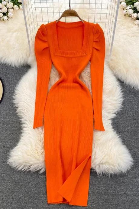 Elegant Long Sleeve Ribbed Orange Bodycon Midi Dress