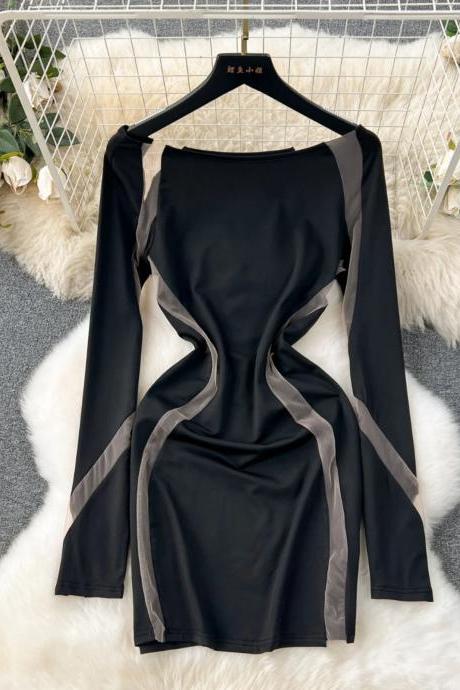 Elegant Long Sleeve Cutout Black Bodysuit With Contrast Trim