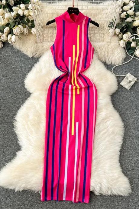 Sleeveless Striped Maxi Dress With Mock Neckline
