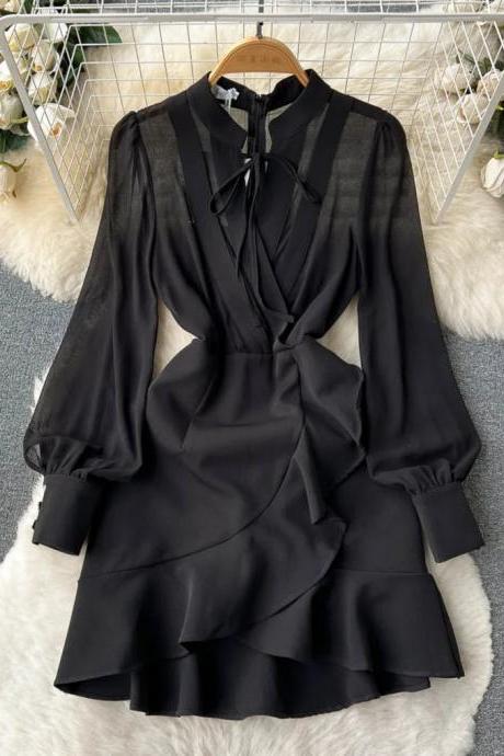 Elegant Black Sheer Sleeve Ruffled Tie-neck Dress