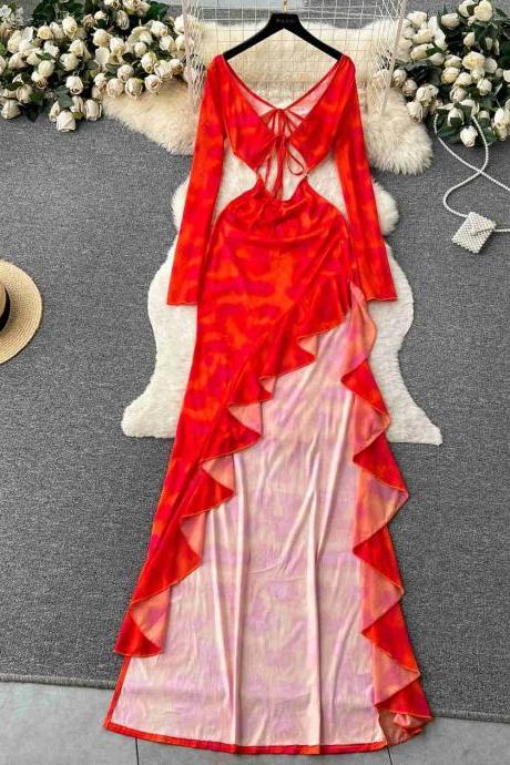 Elegant Red Satin Ruffle Long Evening Dress