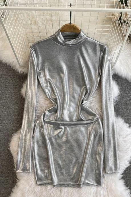 Womens Metallic Silver Turtleneck Top Long Sleeve