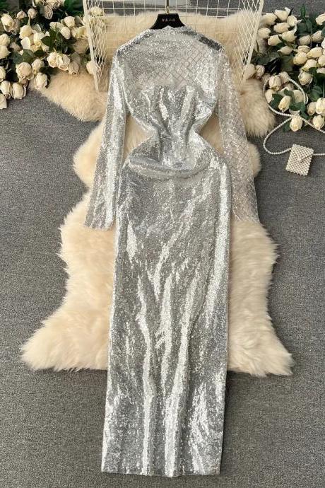 Elegant Long-sleeve Silver Sequin Maxi Evening Gown