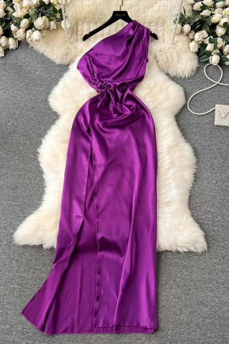 Elegant Purple Satin Halter Neck Evening Gown