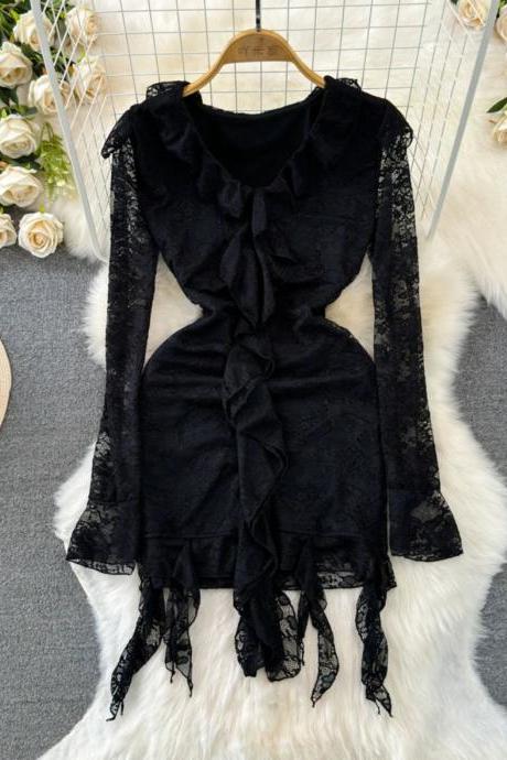 Elegant Black Lace Ruffle Trim Long Sleeve Dress