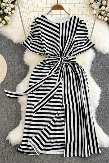 Womens Casual Striped Belted Short Sleeve Midi Dress