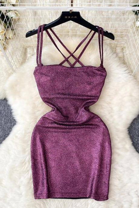 Womens Shimmering Purple Strappy Cocktail Mini Dress