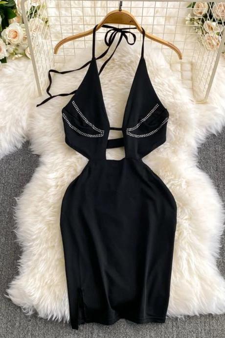 Womens Halter Neck Backless Romper With Rhinestone Detail