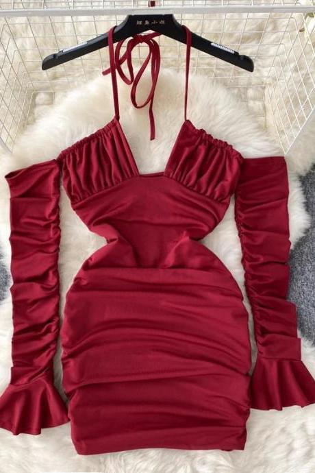 Elegant Maroon Ruched Bodycon Dress With Sleeve Detail