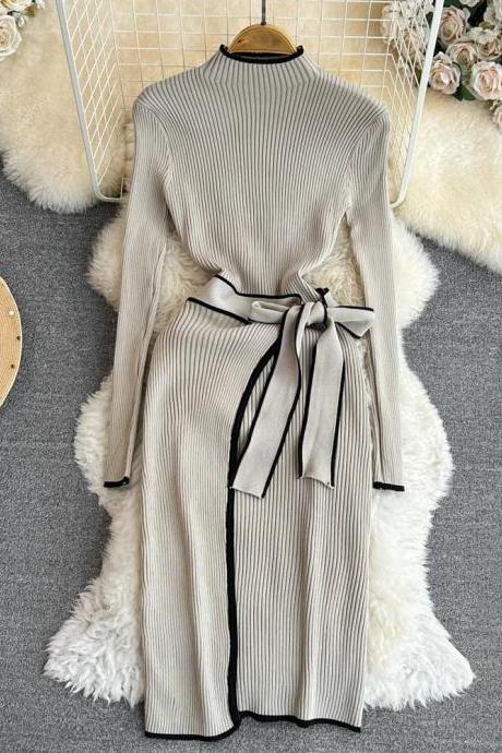 Elegant Ribbed Knit Turtleneck Dress With Waist Tie