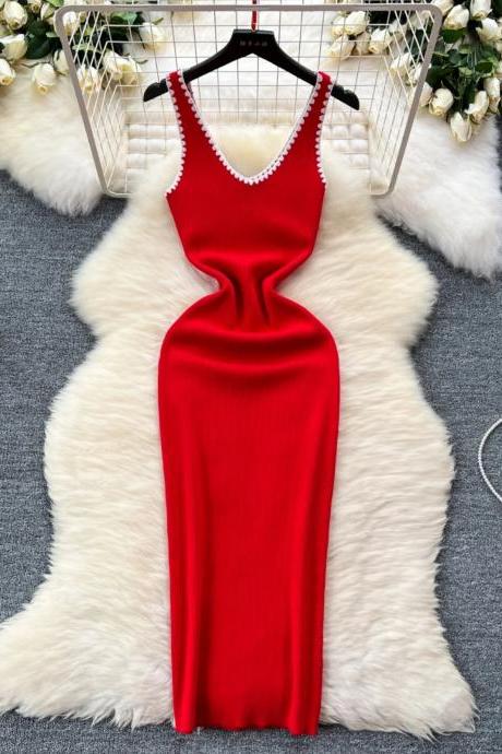 Elegant Red Sleeveless Bodycon Knit Midi Dress
