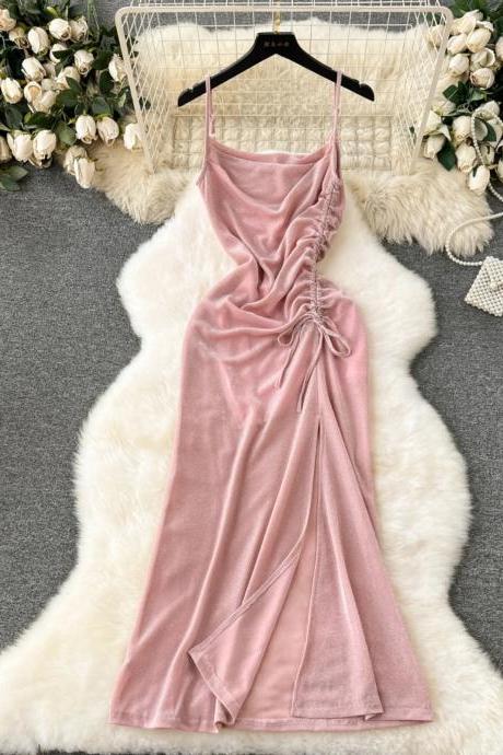 Womens Pink Velvet Sleeveless Ruched Cocktail Dress
