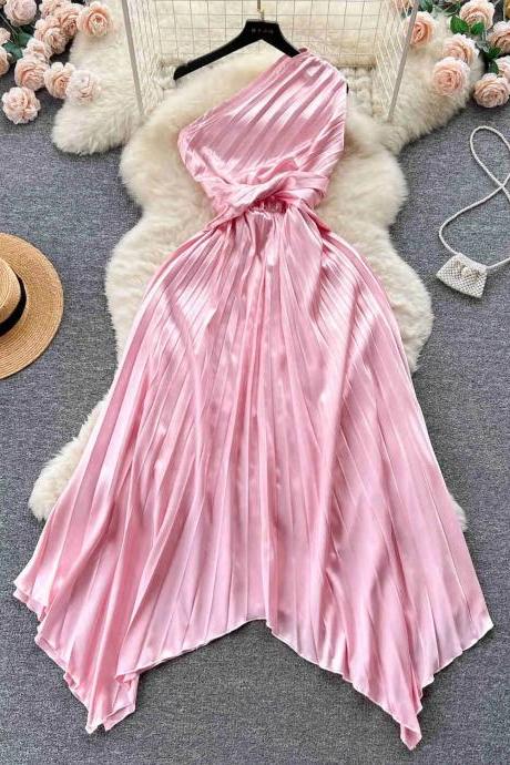 Elegant Pink Halter Neck Satin Midi Dress Women