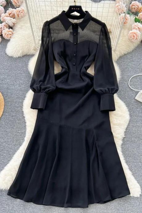 Elegant Black Sheer Panel Shirt Dress For Women