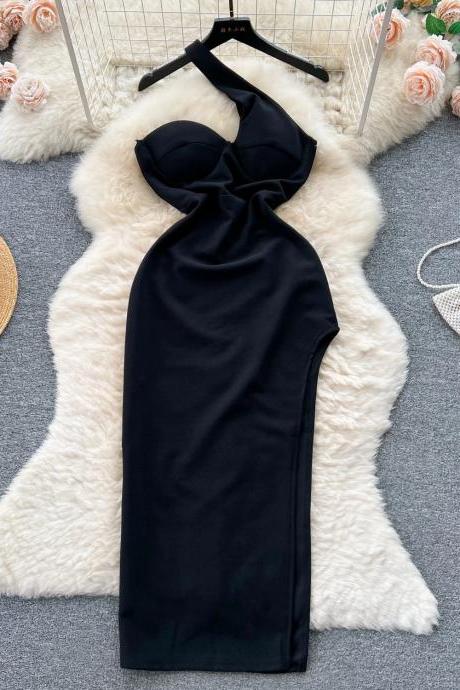 Elegant Black Halter Neck Evening Gown Sleeveless Dress