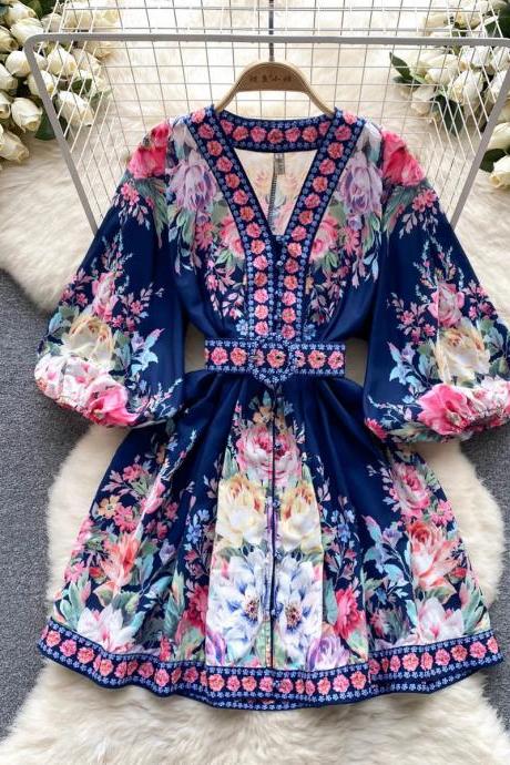 Bohemian Floral Print V-neck Short Dress With Belt