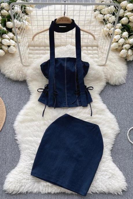 Womens Navy Blue Sleeveless Tie-up Waistcoat And Skirt Set
