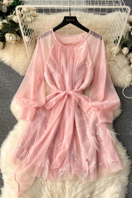 Elegant Pink Tulle Sequin Bow-knot Party Dress