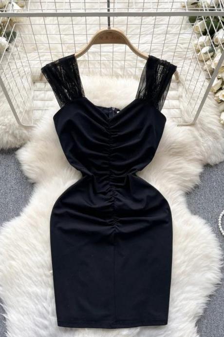 Elegant Black Velvet Lace Trim Evening Dress