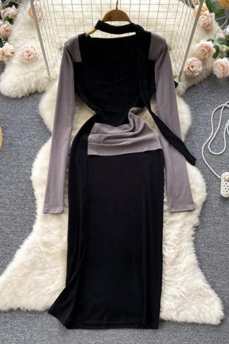 Elegant Long Sleeve Black Velvet Evening Dress With Belt