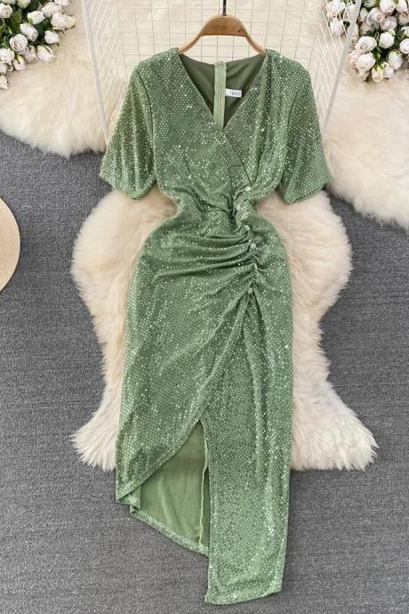 Elegant Green Polka Dot Wrap Dress With Short Sleeves